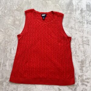 LANDS END Red Cable Knit Sweater Vest Womens M 10/11 Cable Fisherman Cottton